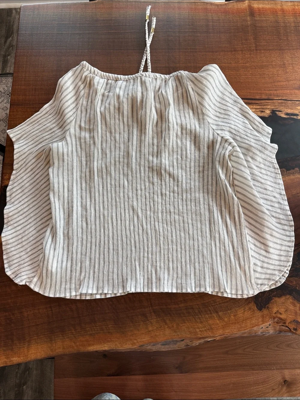Michael Kors Light Gray Striped Peasant Blouse with Braided Tie Neck Detail